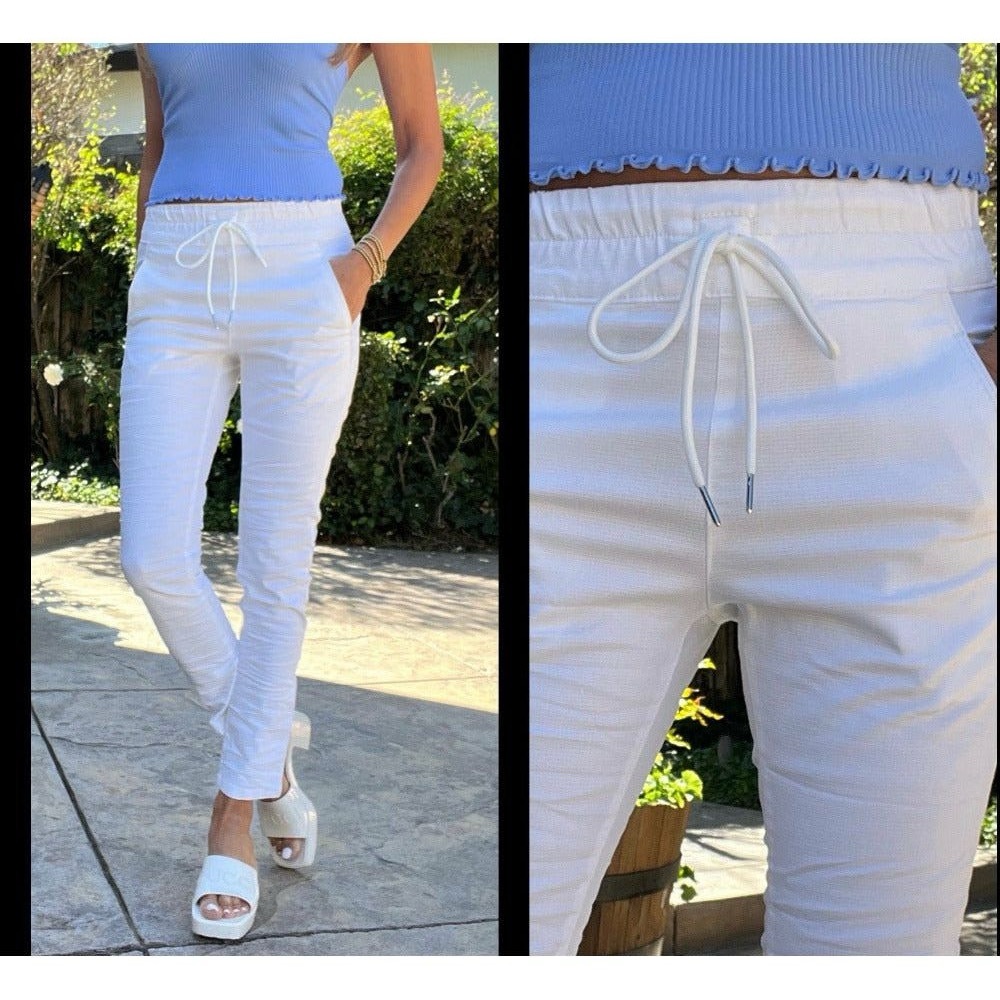 BEVY FLOG White Straight Leg Pants with Elastic Waistband